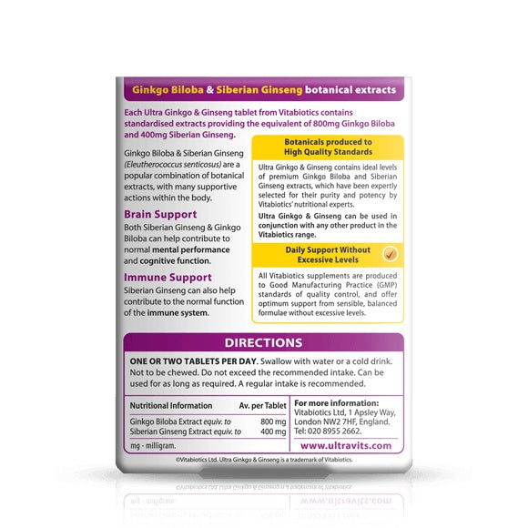 Ultra Ginkgo & Ginseng - Standardised Extracts - 60 Tablets - Certified from Vitabiotics UK
