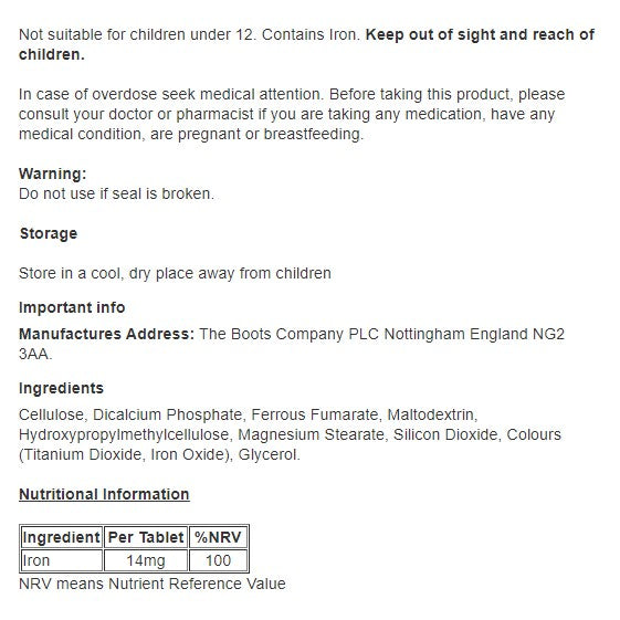Iron 14mg - 60 Tablets - Reduces tiredness and fatigue - Certified from Boots UK