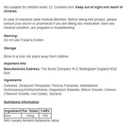 Iron 14mg - 60 Tablets - Reduces tiredness and fatigue - Certified from Boots UK