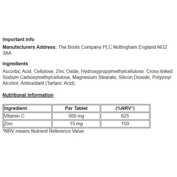 Vitamin C and Zinc (60 Tablets) - Dual support for immune health - Certified from Boots UK