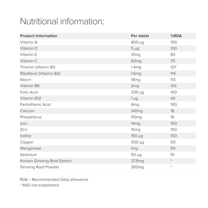 Korean Ginseng with Multivitamins & Minerals - 32 Tablets - Certified from Red Kooga UK