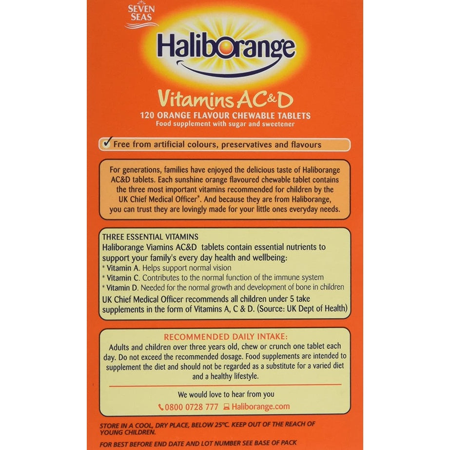 Haliborange Vitamins A, C & D - 120 Orange Flavour Chewable Tablets - Certified from Haliborange