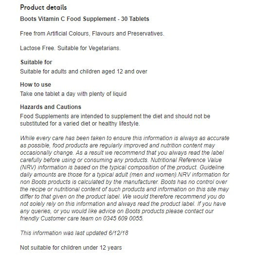 Vitamin C Food Supplement - 30 Tablets - Certified from Boots UK