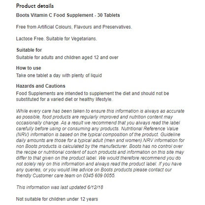 Vitamin C Food Supplement - 30 Tablets - Certified from Boots UK