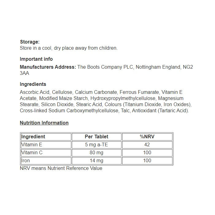 Iron + Vitamin C - 60 Tablets - Reduces tiredness and fatigue - Certified from Boots UK