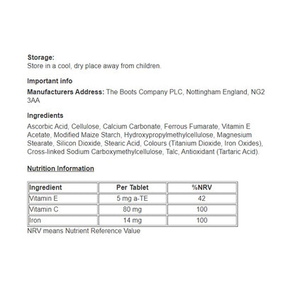 Iron + Vitamin C - 60 Tablets - Reduces tiredness and fatigue - Certified from Boots UK