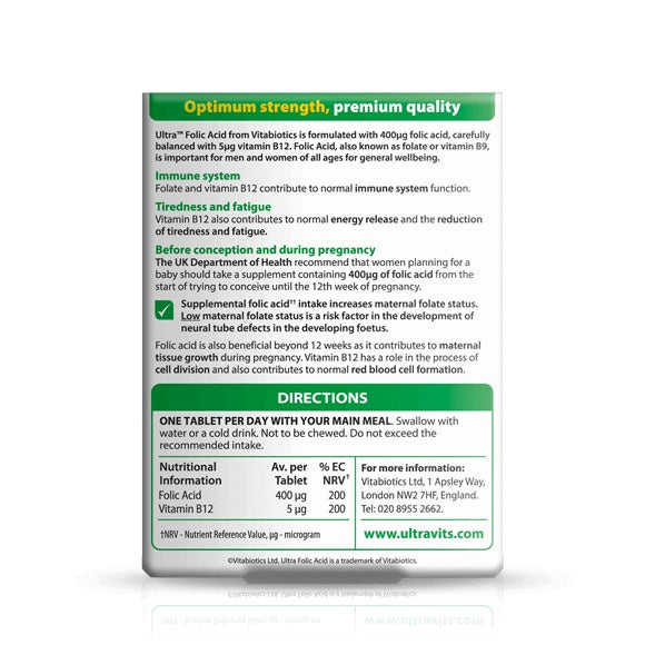 Ultra Folic Acid (60 tablets) - With vitamin B12 - from Vitabiotics UK