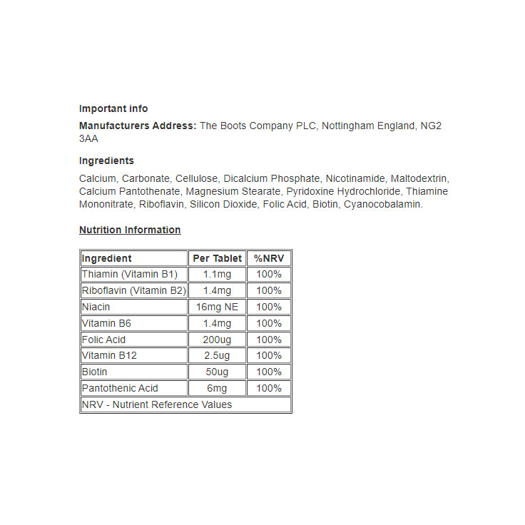 Vitamin B Complex - 90 Tablets - Certified from Boots UK