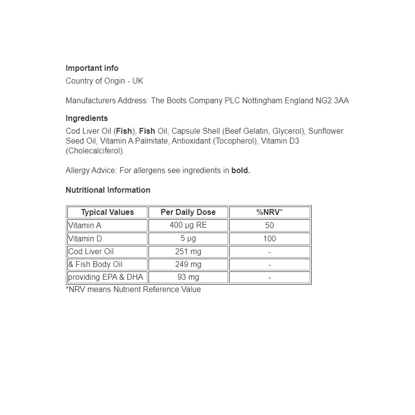 Boots Cod Liver Oil with Fish Oil - 30 Tablets - Certified from Boots UK