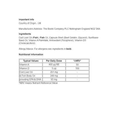 Boots Cod Liver Oil with Fish Oil - 30 Tablets - Certified from Boots UK